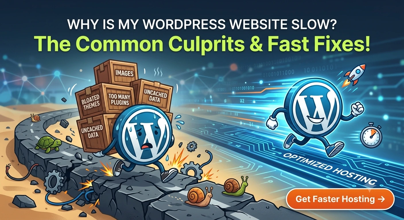 Infographic showing common reasons why a WordPress website runs slow and how optimized hosting fixes it.