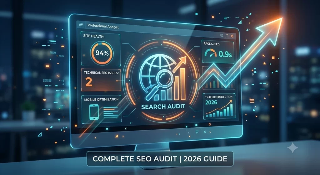 Dashboard showing a technical website SEO audit with performance metrics and growth charts for 2026