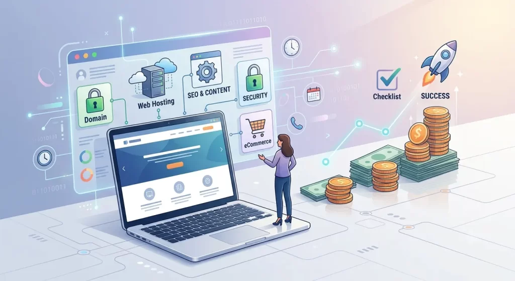 A clean vector illustration showing a large laptop next to stacked coins and cash. The background features a web page dashboard displaying the building blocks of a business website, including icons for domains, web hosting, SEO, security, and eCommerce.