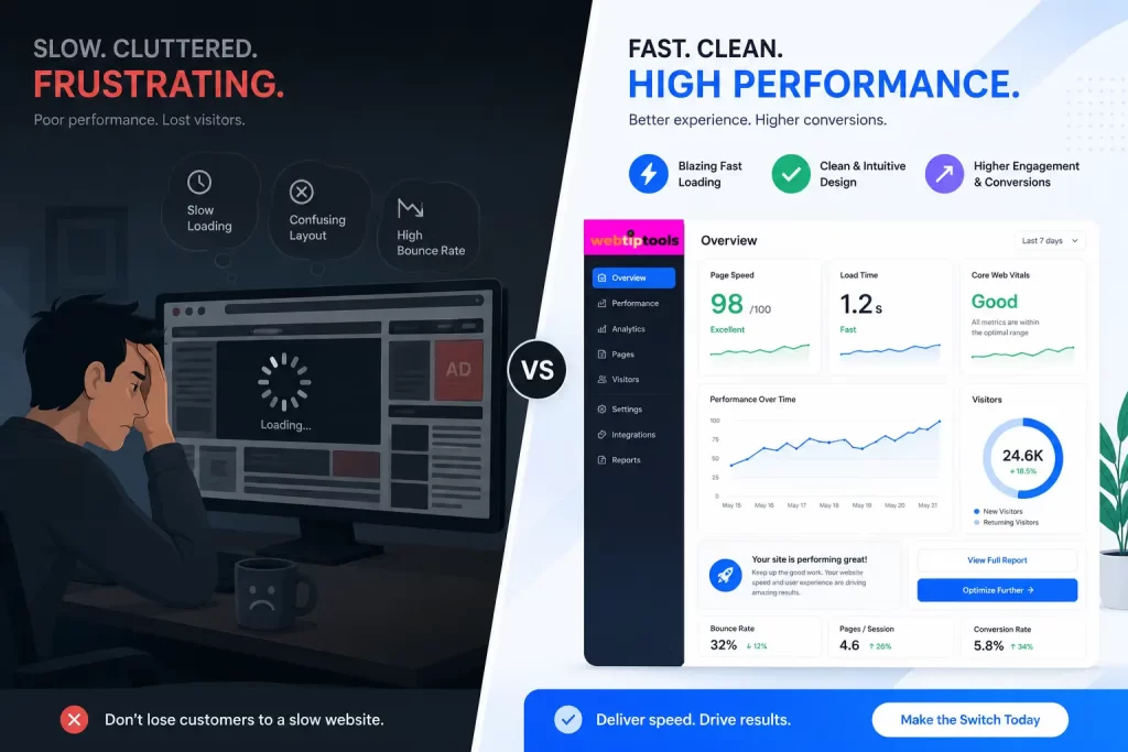 Illustration contrasting a slow, cluttered website with a fast, optimized high-performance user interface.