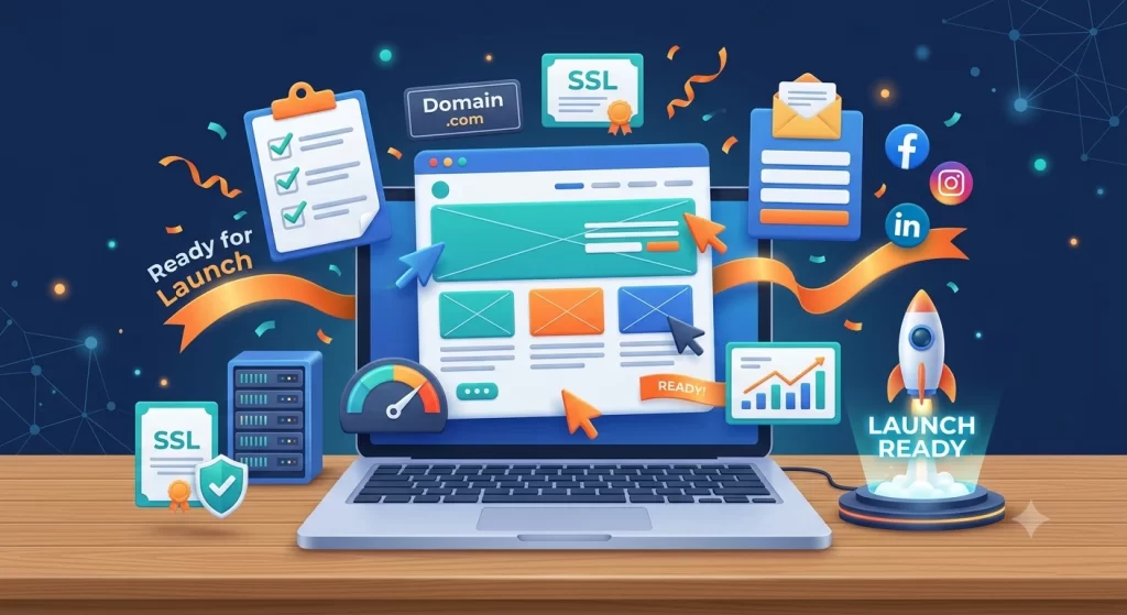 A vibrant 3D digital illustration of a laptop on a wooden desk surrounded by floating pre-launch website check items. Visible elements include an SSL certificate badge, a domain registration card, an analytics growth chart, a clipboard checklist, and a small rocket launching from a glowing pad.