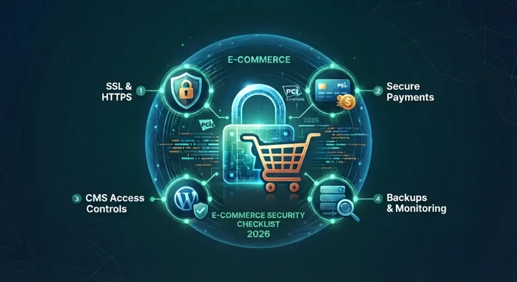 A digital illustration for an e-commerce security checklist blog, featuring a glowing central padlock integrated with a shopping cart icon, surrounded by four interconnected shields representing SSL/HTTPS, secure payments, CMS access controls, and data backups, all within a protective digital network sphere against a blue tech background. The image includes the text "E-COMMERCE SECURITY CHECKLIST 2026."