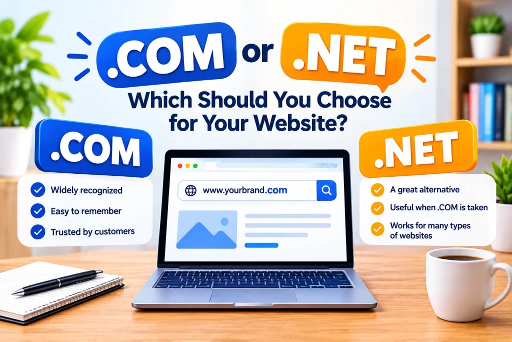 Bright, informative infographic compares .COM and .NET domain names above a laptop website mockup, highlighting recognition, memorability, and usage benefits.