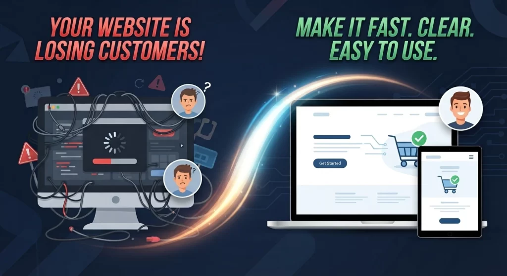 A digital illustration comparing a cluttered, slow desktop computer covered in tangled wires and error symbols with a frustrated user avatar, to an organized laptop and tablet with clean, fast interfaces, a shopping cart icon with a checkmark, and a smiling user avatar. A bright light trail signifies the transformation from poor to excellent user experience and site performance. Text on the left reads "YOUR WEBSITE IS LOSING CUSTOMERS!" and text on the right reads "MAKE IT FAST. CLEAR. EASY TO USE."