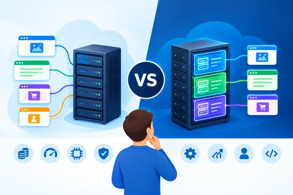 Shared hosting vs VPS hosting comparison showing different server setups