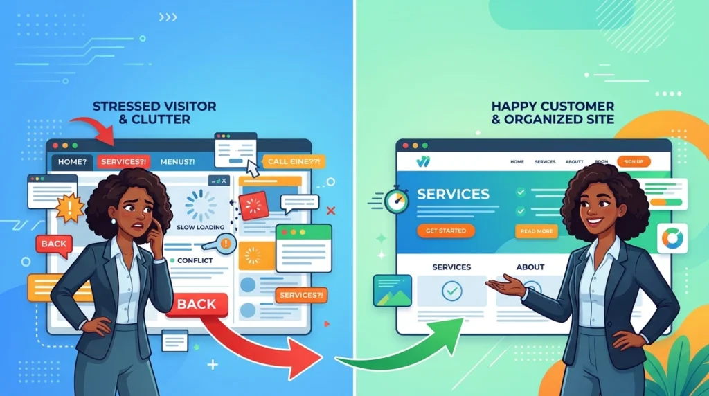 A split-screen illustration showing a stressed website visitor navigating a cluttered, slow website on the left, compared to a happy customer enjoying a clean, fast, and organized website on the right.