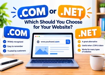 Bright, informative infographic compares .COM and .NET domain names above a laptop website mockup, highlighting recognition, memorability, and usage benefits.