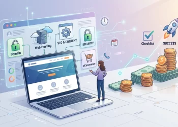 A clean vector illustration showing a large laptop next to stacked coins and cash. The background features a web page dashboard displaying the building blocks of a business website, including icons for domains, web hosting, SEO, security, and eCommerce.