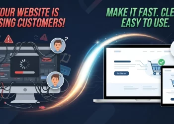 A digital illustration comparing a cluttered, slow desktop computer covered in tangled wires and error symbols with a frustrated user avatar, to an organized laptop and tablet with clean, fast interfaces, a shopping cart icon with a checkmark, and a smiling user avatar. A bright light trail signifies the transformation from poor to excellent user experience and site performance. Text on the left reads "YOUR WEBSITE IS LOSING CUSTOMERS!" and text on the right reads "MAKE IT FAST. CLEAR. EASY TO USE."