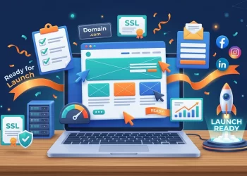 A vibrant 3D digital illustration of a laptop on a wooden desk surrounded by floating pre-launch website check items. Visible elements include an SSL certificate badge, a domain registration card, an analytics growth chart, a clipboard checklist, and a small rocket launching from a glowing pad.